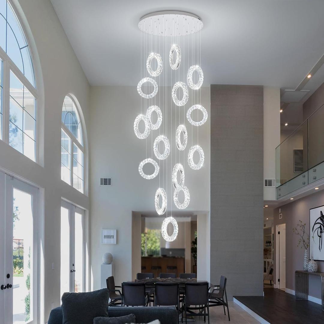 ykolupty High Ceiling Chandelier,Silver Modern Chandelier with 16 Ring Led Foyer Chandeliers Hanging Flush Mount Lighting Fixtures for Staircase,Foyer,Entryway,Living Room, Round 16-Rings