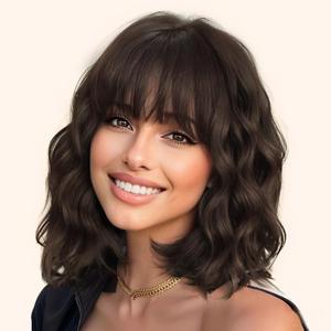 Wigs Human Hair with Bangs Short Wavy Bob for Women Black Mixed Brown Highlights Lightweight Breathable Glueless for Daily Party Cosplay (Dark Brown,14 Inch)