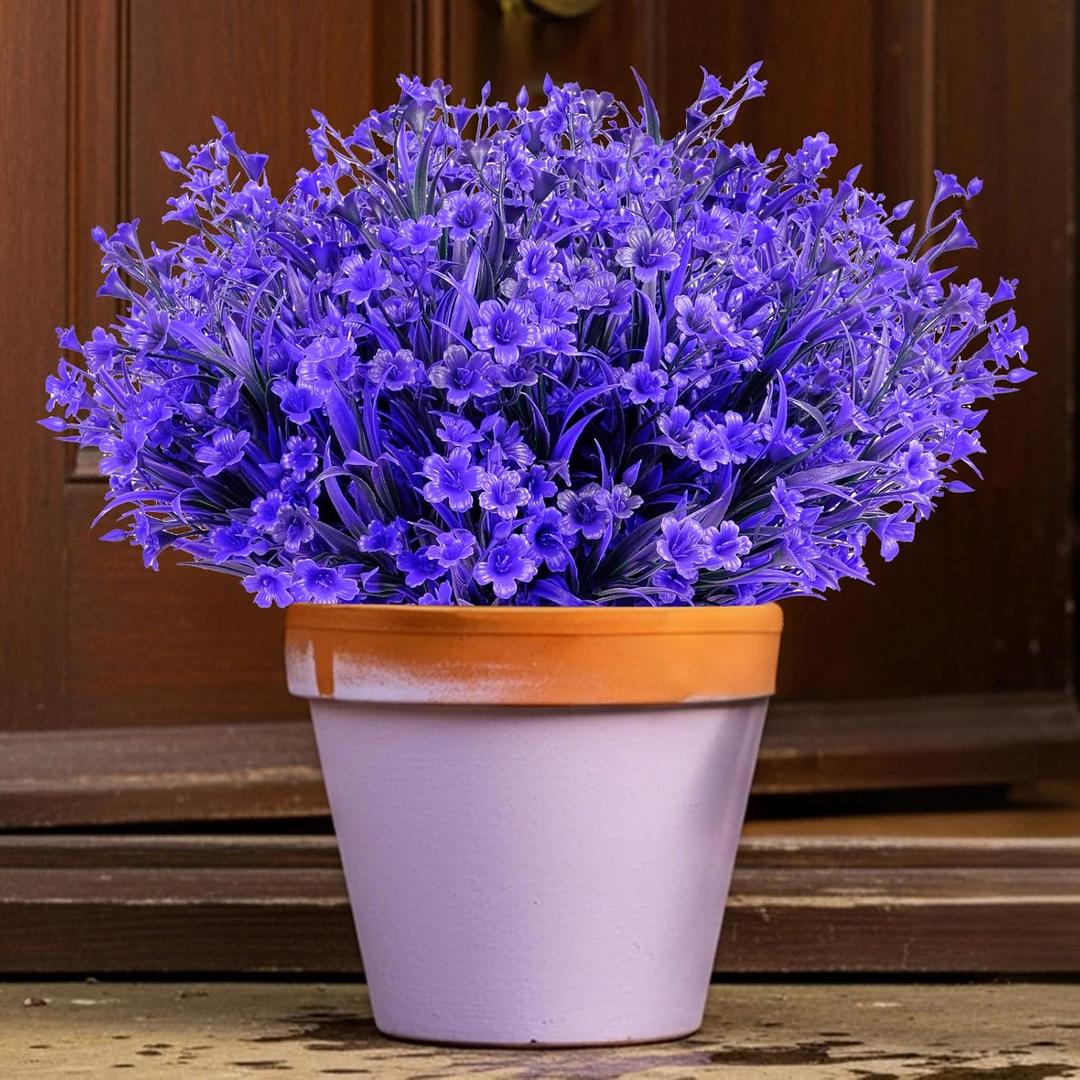 12 Bundles Artificial Flowers Fake Bouquets for Outdoor Planters, UV Resistant Faux Floral, Realistic Purple Flowers for Home Garden, Porch Decor