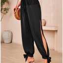 WDIRARA Women's Boho High Waist Split Knot Hem Long Pants Flowy Harem Yoga Pants Dark Black, Large