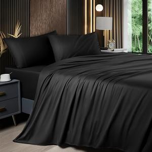 Shilucheng 4 Piece Queen Sheet Sets, Cooling Sheets, Blend Rayon Derived from Bamboo, Deep Pocket Up to 16", Breathable & Soft Bed Sheets, Hotel Silky Bedding Set, Black