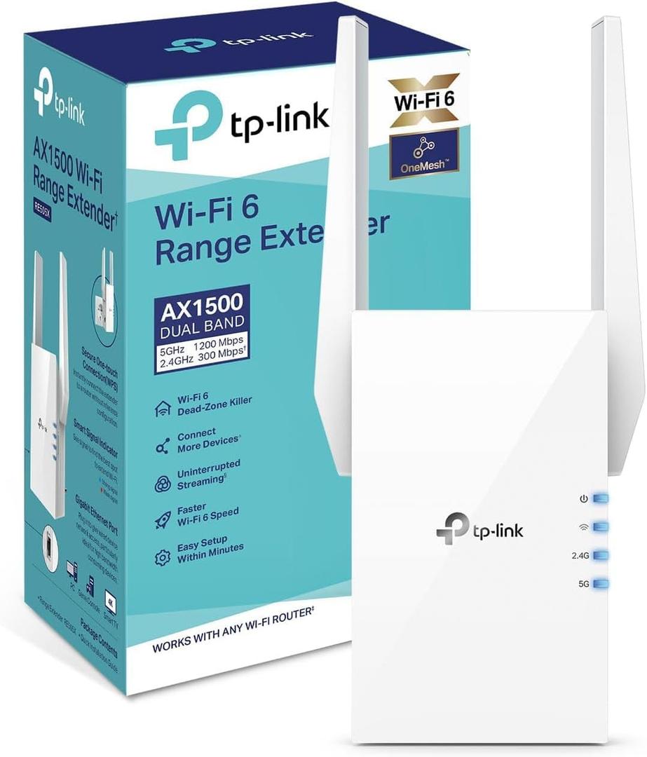 TP-Link AX1500 WiFi 6 Extender, Up to 1500Mbps, Next-Gen Dual Band WiFi Booster, WiFi Repeater with Gigabit Port, Access Point Mode, 2 External Antennas, Easy Set-Up, OneMesh Compatiable(RE505X)