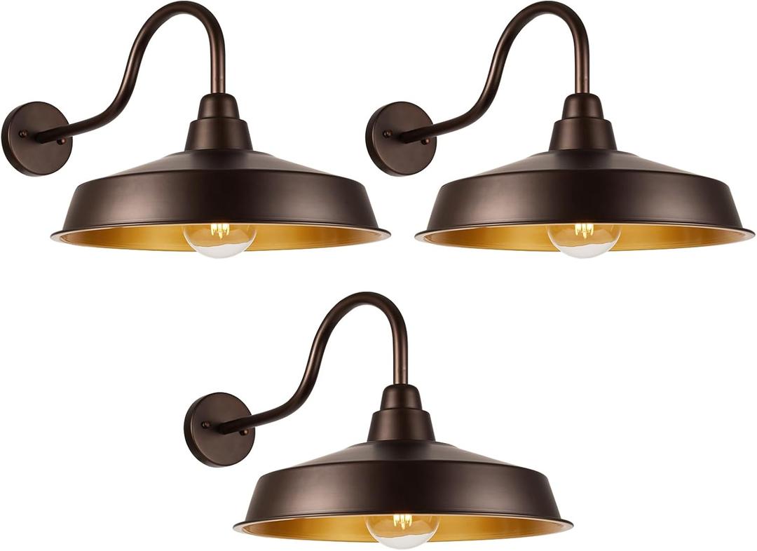 Gooseneck Barn Light Outdoor, 16 Inch Dome Large Farmhouse Exterior Light Fixture Wall Mount, Industrial Outdoor Wall Sconce Outside for House, Shop, Front Porch, Garage, Entryway, Orb, 3 Pack (Not Dusk to Dawn)