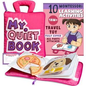 My Quiet Book - Toddler Travel Essential, Car Plane Activity Books, Montessori Busy Board Book, Airplane Toys for Toddlers 1-3, Gifts for 1 2 3 4 Year Old Girl, Birthday Gifts Toys Age 2-4 (Pink & Purple)