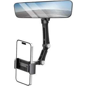 Karmus Rear View Mirror Phone Holder, Aluminum Alloy Mount Car Phone Holder Universal Rotatable and Retractable Rearview Mirror Phone Mount for Car Truck (Black)