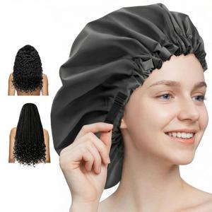 Aquior Shower Cap for Women, Extra Adjustable Shower Caps for Women Double-Layer Waterproof Reusable Hair Cap, Large Size Hair Cap for All Hair,for Girls Spa Bath,Soft and Comfortable (Back) (black)