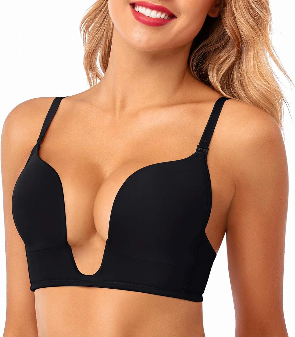Women's Deep Plunge Bra Cleavage Enhancer Low Cut Wireless Bra Padded Push Up (34D, Black)