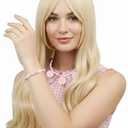 Light Blonde Long Curly Wig for Adult Womens Long Wavy Wig with Middle Part Bangs with Pink Accessories for Halloween Cosplay