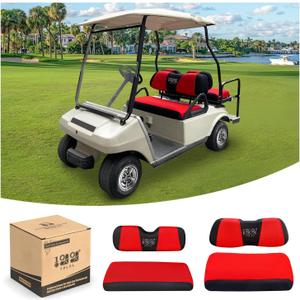 10L0L Golf Cart Front and Rear Seat Cover Set for EZGO TXT RXV 4 Passenger Models Bench Seat Covers Kit Breathable Washable Polyester Mesh Cloth Gray Black Beige Red (S+XS)