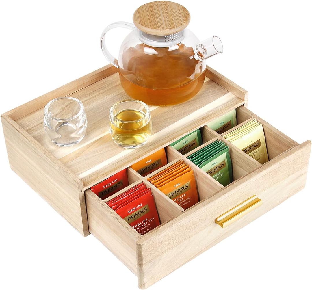 Acacia Wood Tea Bag Organizer, Tea Organizers and Storage Box, Tea Caddy for Tea Bags Storage Drawer, Teabag Holder Container Boxes for Countertop, Tea Station Chest Display Wooden, Organizador De Te