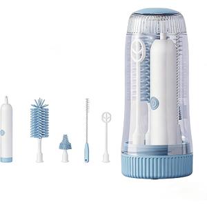 Portable Electric Silicone Bottle Brush Set, 7-in-1 UV Light USB Charging, Nipple/Straw Cleaner, Milk Mixer, Built-in Drying Rack & Storage Case, BPA-Free, IPX7, On-the-Go for New Parents