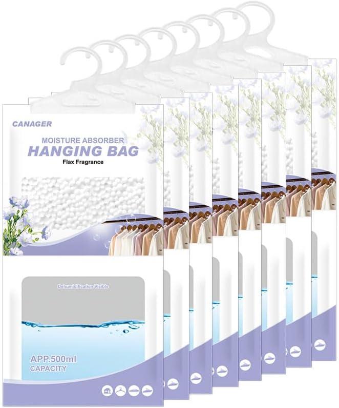 CANAGER Hanging Moisture Absorber, Flax Fragrance Moistureproof Desiccant Hanging BagDehumidifier Bag (8 packs) Hanging Closet Dehumidifier Bags, Moisture Absorb 12.5 oz (Blue)