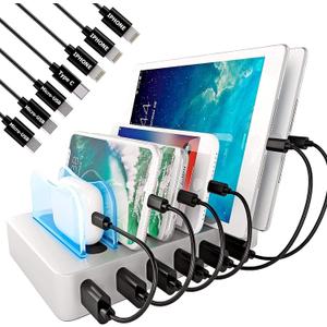 USB Charging Station Dock - Fast Charge Docking Station for Multiple Devices - Multi Device Charger Organizer - Compatible with Apple and Android (Silver 6-Port)