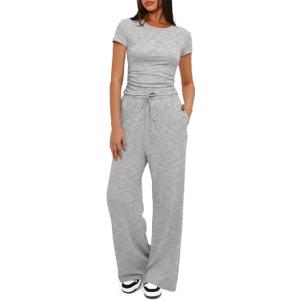 Darong Women's 2 Piece Set Summer Outfits Lounge Sets Ruched Short Sleeve Tops High Waisted Wide Leg Pants Tracksuit Sets (Medium)