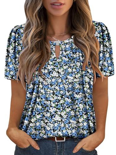 Angerella Women's Tops Short Sleeve Dressy Casual Plus Size Tunic Tops to Wear with Leggings Loose Fit Flower T-Shirt Ladies Blouses WaveBlue 3XL