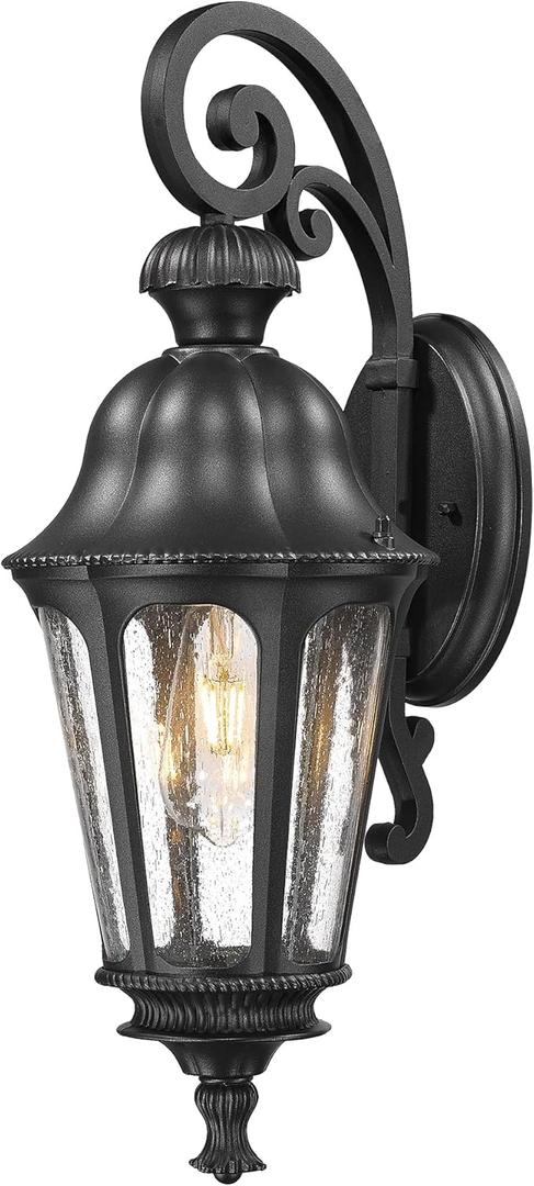 Outdoor Wall Sconce, HWH 23'' Large Exterior Wall Lights with Seeded Glass, Wall Lamp Waterproof Antique Wall Lantern for Porch Patio Garage Entryway, 5HW90B-M BK (23'' Large)
