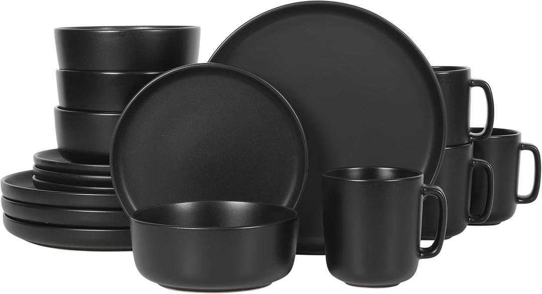 Gibson Home Zuma Stoneware Plates, Bowls, & Mugs Dinnerware Set - Matte Black, Service for Four (16pcs)