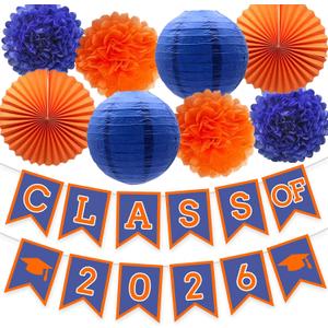 2 x Blue Graduation Orange Party Decoration Class Banner Hanging Pom Poms Flowers High School College Grad Supplies