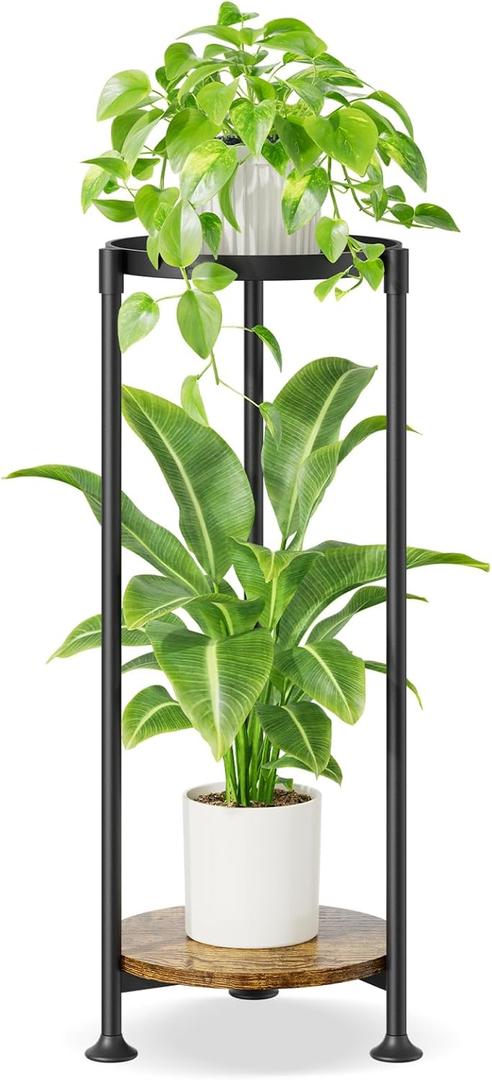 iDavosic.ly 2 Tier Corner Plant Stand Indoor, 30 Inch Tall Vertical Metal Flower Heavy Duty Pot Holder Shelf Outdoor for Patio Porch Living Room, Modern Black & Rustic Brown - Round