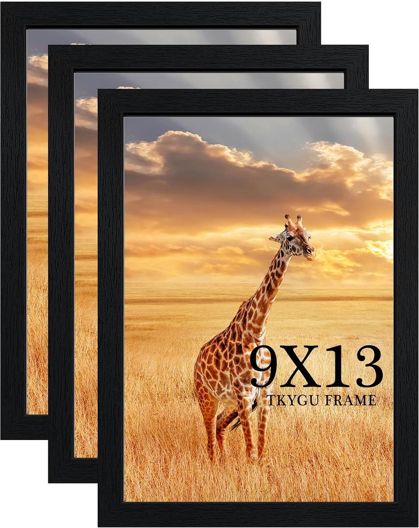 9 x13 Picture Frame Set of 3, 9 x13 Black Wooden Frame Wall Gallery Poster Photo frame with Shatter Resistant Plexiglass,Horizontal and Vertical Formats for Wall Hanging, best gift