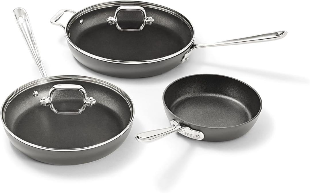 All-Clad HA1 Hard Anodized Nonstick Fry Pan Set 5-Piece Cookware, 8", 10", 12" Skillets with Lid, Induction Compatible, Oven Safe to 500F, Lid Safe to 350F, Black