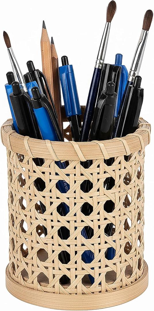 Rattan Pencil Holder, Handwoven Openwork Pen Cup for Desk, White Cane Woven Pencil Cup Organizer, Boho Rustic Office Decor, 1-Pack