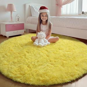 ONASAR Yellow Round Area Rugs 4ft for Bedroom Living Room, Fluffy Circle Rug for Kids Girls Boys Teen, Soft Plush Shaggy Carpet for Nursery Dorm Classroom Playroom Home Decor Aesthetic