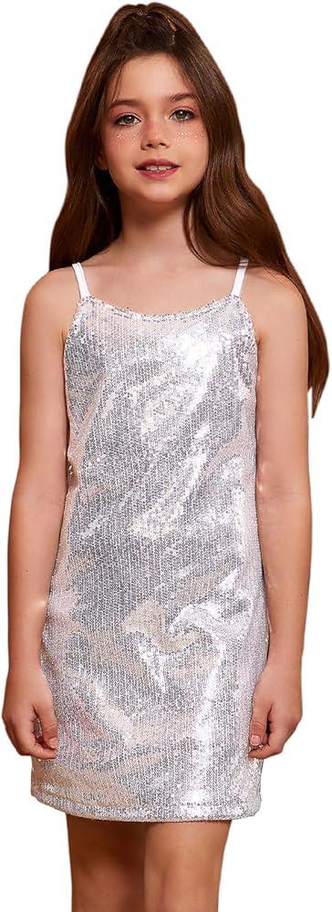 Perfashion Girls Sequin Dress Adjustable Spaghetti Strap Pencil Cami Midi Bodycon Dress Sparkly Party, 12-13Y