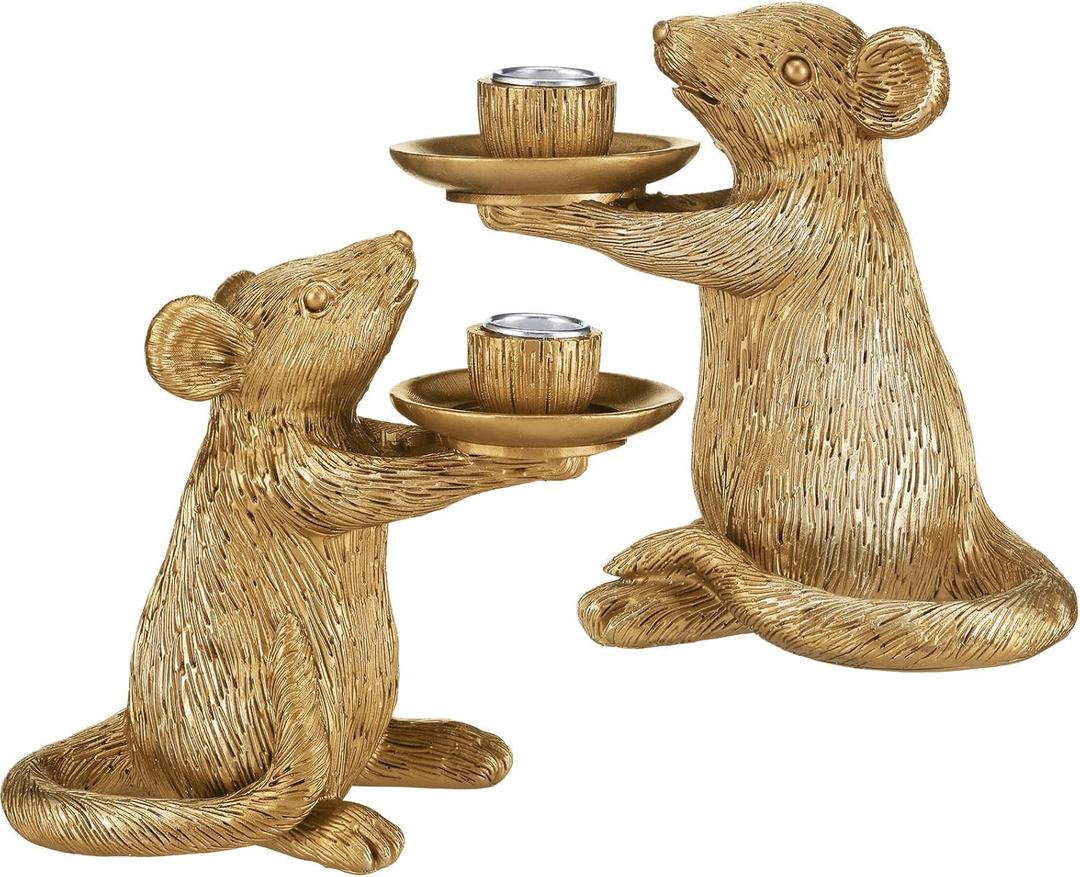 Mumufy Set of 2 Gold Antique Mouse Candle Holders Resin Candlestick Holder Table Decor for Living Room, Dinner, Fireplace Mantle, Christmas Decoration Vintage Decorative Table Centerpiece, Home Party