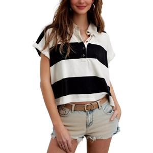 Womens T Shirts Striped Shirt Short Sleeve V Neck Button Down Cropped Tops Ladies Blouses (XL)