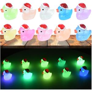 Tindobewan 50 PCS Tiny Ducks Glow in The Dark Mini Resin Ducks Miniature Christmas Hat Duck Figures Ornament for Xmas, Craft, Dollhouse, Slime, Home Decorations(10 Colors)
