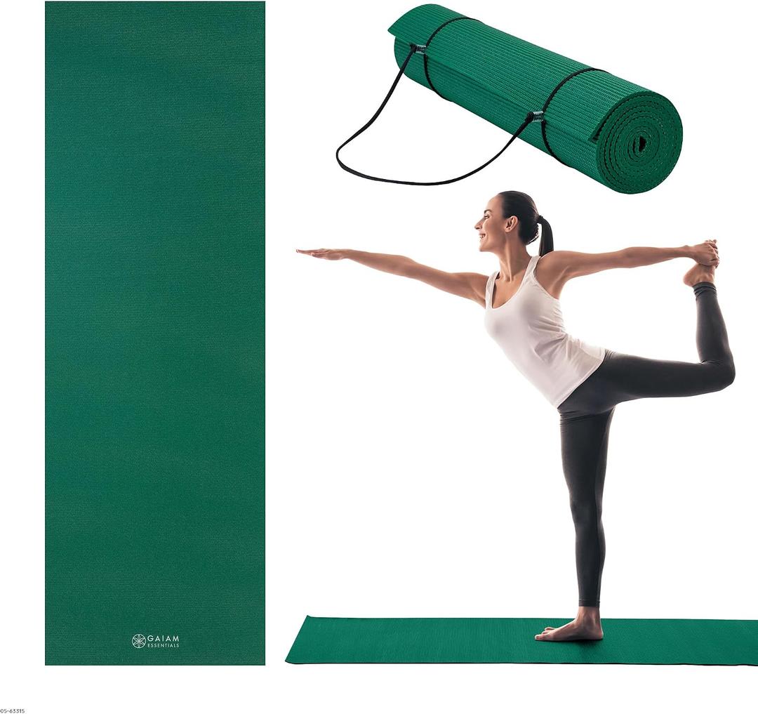 Gaiam Essentials 1/4" Thin (6mm) Yoga & Pilates, Fitness & Exercise Mat with Easy-Cinch Carrier Strap Cusion Support For Fitness and Gym Workouts