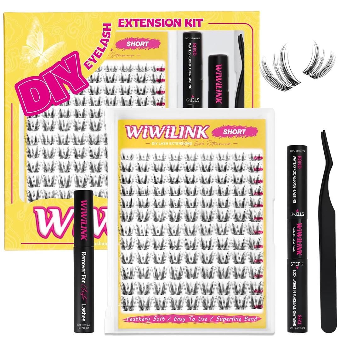 Wispy Lash Clusters DIY Lash Extension Kit Natural Eyelash Clusters D Curl 8-14mm with Bond, Seal, and Remover - Invisible Band Lashes Clusters, Spike False Eyelashes, Freya Short-Kit