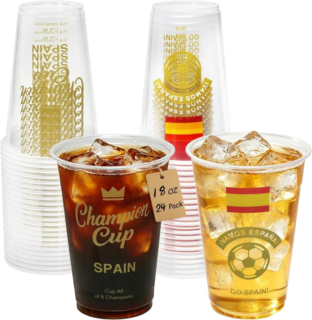 18 oz Champion Cup Salute To Spain, 2010 World Soccer Champion, 24-Count Disposable Plastic Party Cups, National Flag Themed for Fan Event Decorations Game-Day Festival