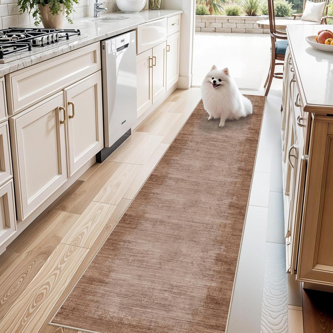 2x8 Washable Hallway Runner Rug – Non-Slip Modern Abstract Neutral Low-Pile Stain-Resistant Carpet Runner for Kitchen Entryway Bedroom Bathroom (Warm Taupe,2x8)