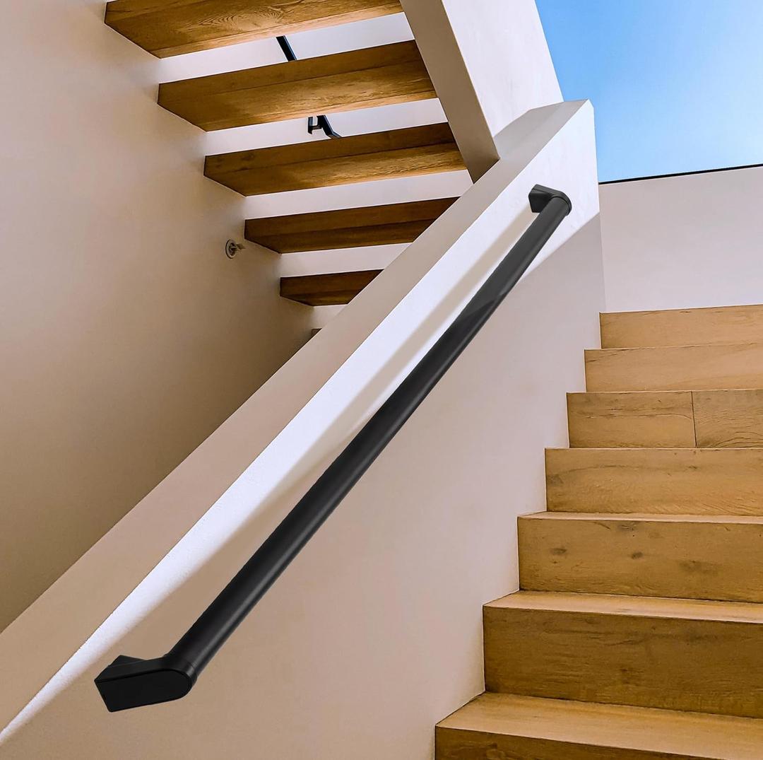 2 FT Handrails for Indoor Stairs,RailingsOutdoor Stairs HandrailModern Aluminum Handrail Set, Wall MountedWall Return Bracket More Safety, Rust Free. (Matte Black, 2 FT)