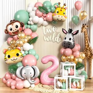 SNLN Two Wild Birthday Decorations Jungle Theme 2nd Birthday Decorations for Girl Huge Jungle Safari Animal Foil Balloons Pink Sage Green Balloon Arch Number 2 Balloon Leaf Box 2nd Decoration for Girl