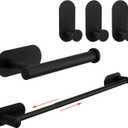 TocTen 5 Pieces Self Adhesive Towel Bar Set, Stainless Steel Bathroom Hardware Set Include Adjustable Towel Rack, Toilet Paper Holder, 3 Towel Hook, No Drill Bathroom Accessory Kit(Matte Black,24IN)