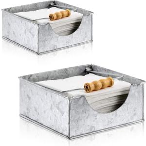 2 Pieces Farmhouse Napkin Holder with Wooden Handles Galvanized Silver Metal Napkin Holder Rustic Flat Square Design for Kitchen Tables Restaurants Indoor or Outdoor Dining
