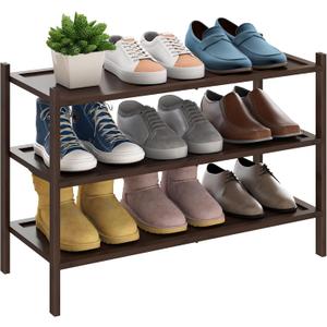 BMOSU 3-Tier Bamboo Shoe Rack Premium Stackable Shoe Shelf Storage Organizer for Hallway Closet Living Room Entryway Organizer(Brown)
