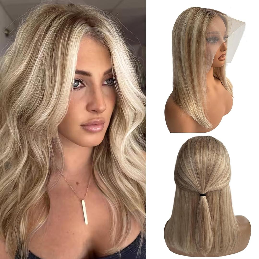 Munx Bob Wig Human Hair for Women, Highlight Blonde 13x4 Hd Lace Front Wigs Human Hair Pre Plucked 180% Density Ombre Ash Blonde Mix Brown Lace Frontal Wigs Natural Hairline 12