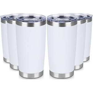 20 oz Tumbler Stainless Steel Tumblers Bulk with Lid Double Wall Insulated Coffee Tumbler Cups for Hot & Cold Drinks Powder Coated Travel Coffee Tumbler Mug Metal (White, 6 pack)
