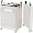 55L Collapsible Large Laundry Hamper, laundry basket plastic,Laundry Basket with Wheels,Suitable for Bathroom, Bedroom, Dorm Room & Laundry Room,Basket with Handle (White)