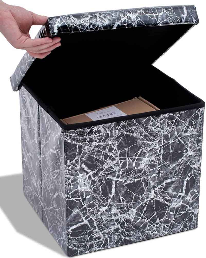 Dawhud Direct Footstool with Storage - Elegant Black Marble Look, 15x15x15 inches - Space-Saving Ottomans with Storage and Extra Seating - Ideal for Clothes, Living Room, Bedroom, Dorm