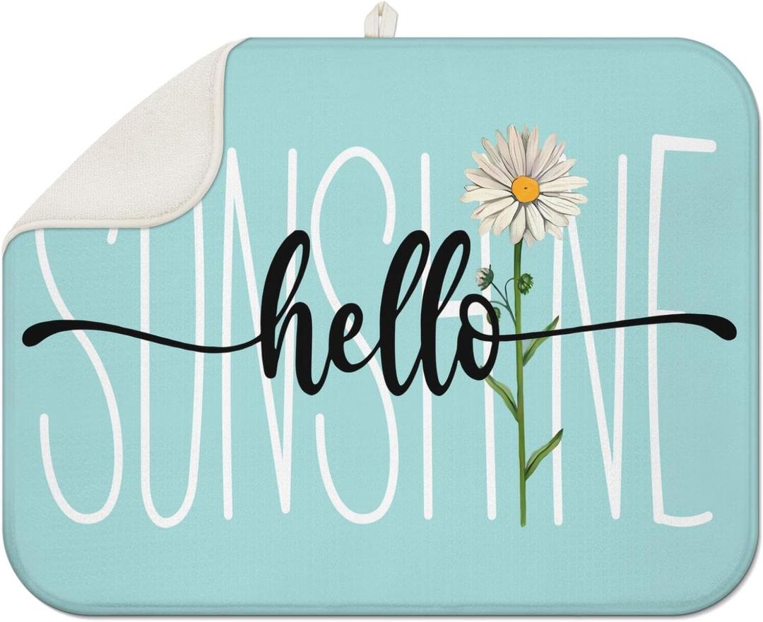 2 x Spring Summer Hello Sunshine Daisy Dish Drying Mat for Kitchen Counter 18x24 Inch Seasonal Absorbent Dish Mats Kitchen Drainer Rack Pad Decor