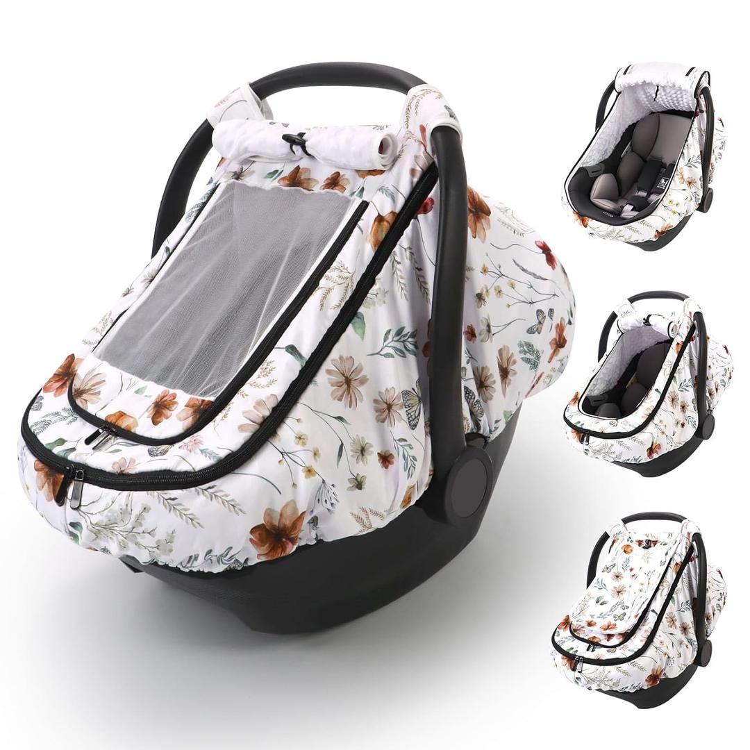 Car Seat Cover Baby Girls, Infant Car Seat Canopy Outdoor, 2 Layers with Mesh and Sun Shade Window for Summer Winter, Easy Access Carseat Covers Snug Fit Baby Stroller - Brown Wildflower