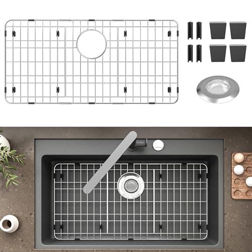 Stainless Steel Sink Protector 28-7/8" x 14-3/8" with Rear Drain, Metal Sink Rack for Bottom of Sink, Kitchen Sink Grate and Sink Protectors with Sink Strainer (28-7/8" x 14-3/8" - Rear Drain)