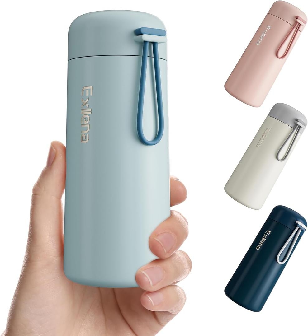 8 oz Water Bottles Made of 304 Stainless Steel, Small Water Bottles Double Wall Vacuum Insulation for Hot & Cold Drinks, Water Bottle Purse with Carry Handle - 100% Leakproof (Grayish Blue) (8.5 Ounces)