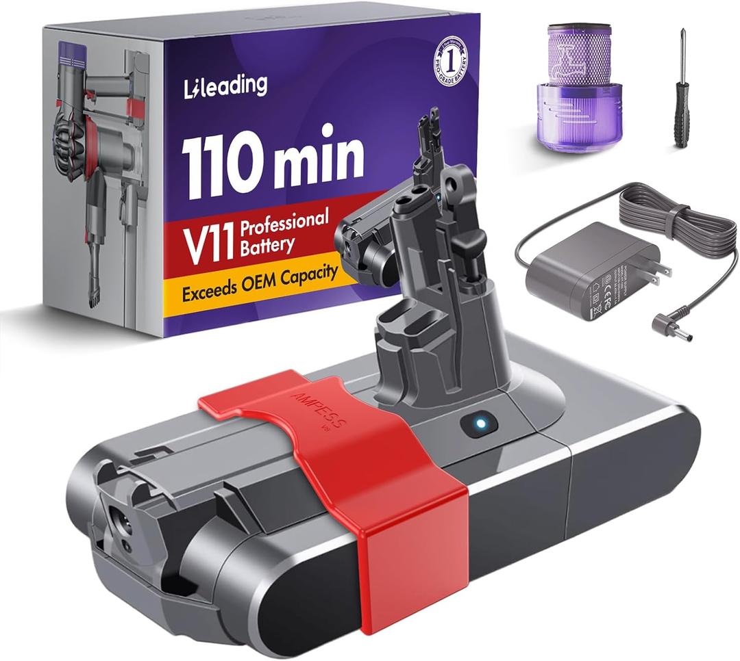 V11 110-Min Runtime Screw Battery Replacement: With Samsung Battery Cell, Compatible with Dyson V11 Animal, Torque Drive, Models SV14, OEM PN 970145-02, Includes 1 Filter, Battery Lock, Charger