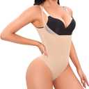 Thong Shapewear Bodysuit for Women Tummy Control Open Bust Body Shaper Slimmer Shaping Thong Underwear, Small, Beige